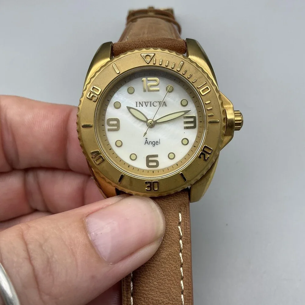 Invicta Angel 15004 Womens Watch 35mm MOP Gold Tone Brown Leather New Battery